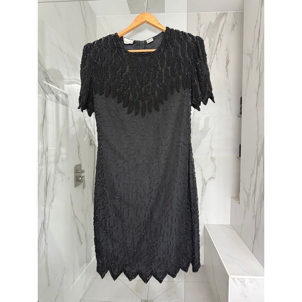 Laurence Kazar Vtg Black Beaded Silk Sheath Dress Scalloped Cocktail Gown Sz Lg